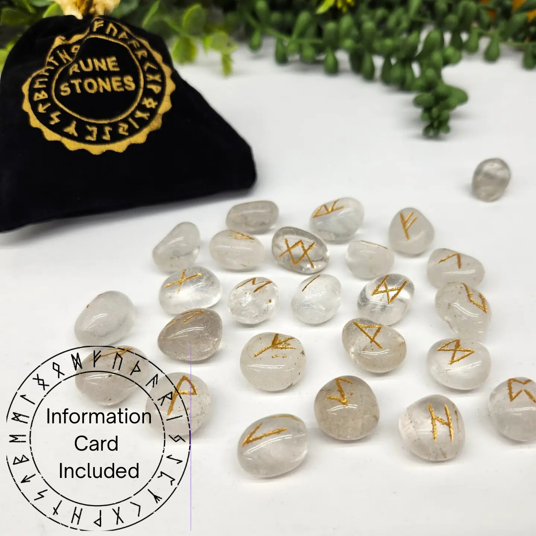 Clear Quartz Gemstone Rune Sets with Velvet Pouch
