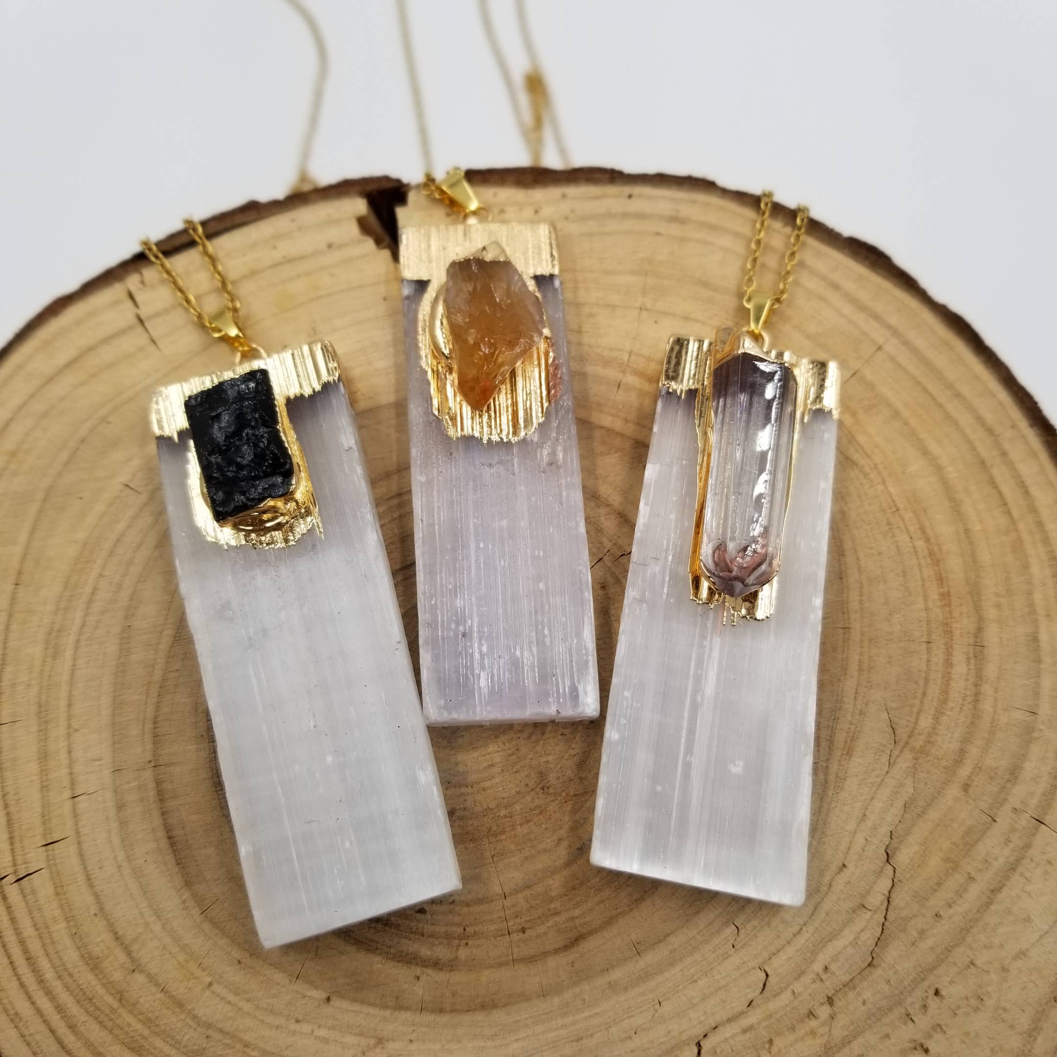 Natural Stone Inlaid Crystal Pillar Necklace