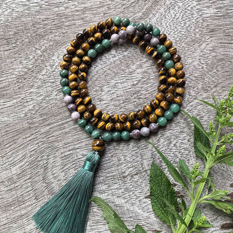 Tiger’s Eye and Green Jade Mala Bead Necklace