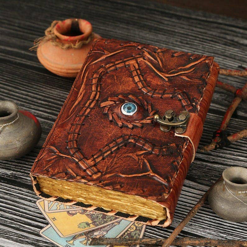 Hocus Pocus Book of Spells Leather Journal Deckle Edge Paper Grimoire Journal Third Eye Vintage Book of Shadows Seven Chakra Antique Spell Book Lock Clasp Notebook Witch