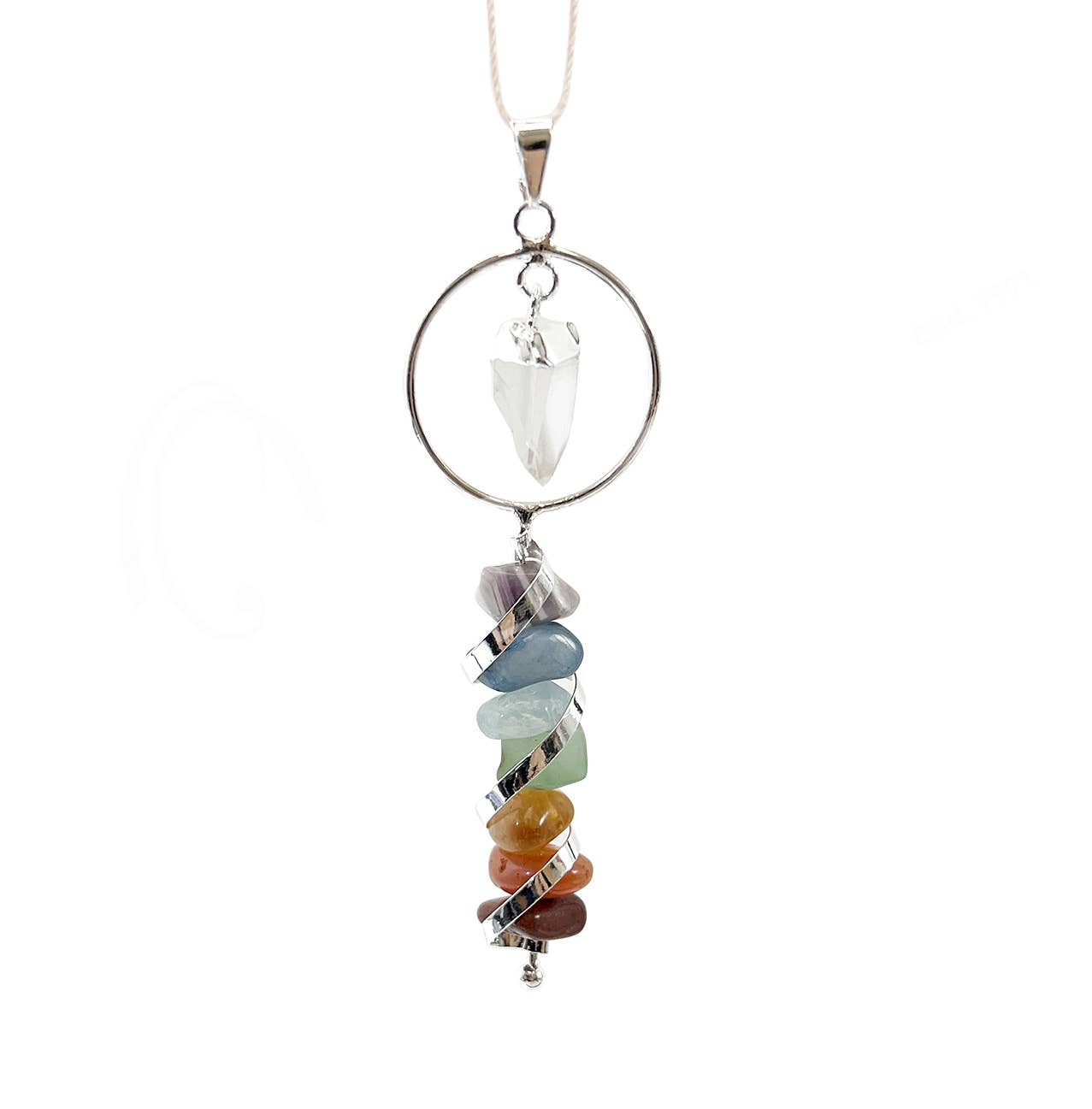 PENDANT - CHAKRA TUMBLED STONES WITH CRYSTAL QUARTZ POIN