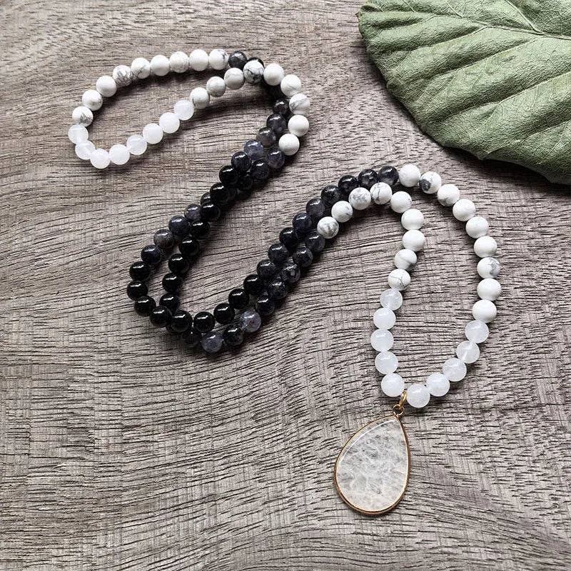 White Howlite, Black Onyx & White Quartz Mala Bead Necklace