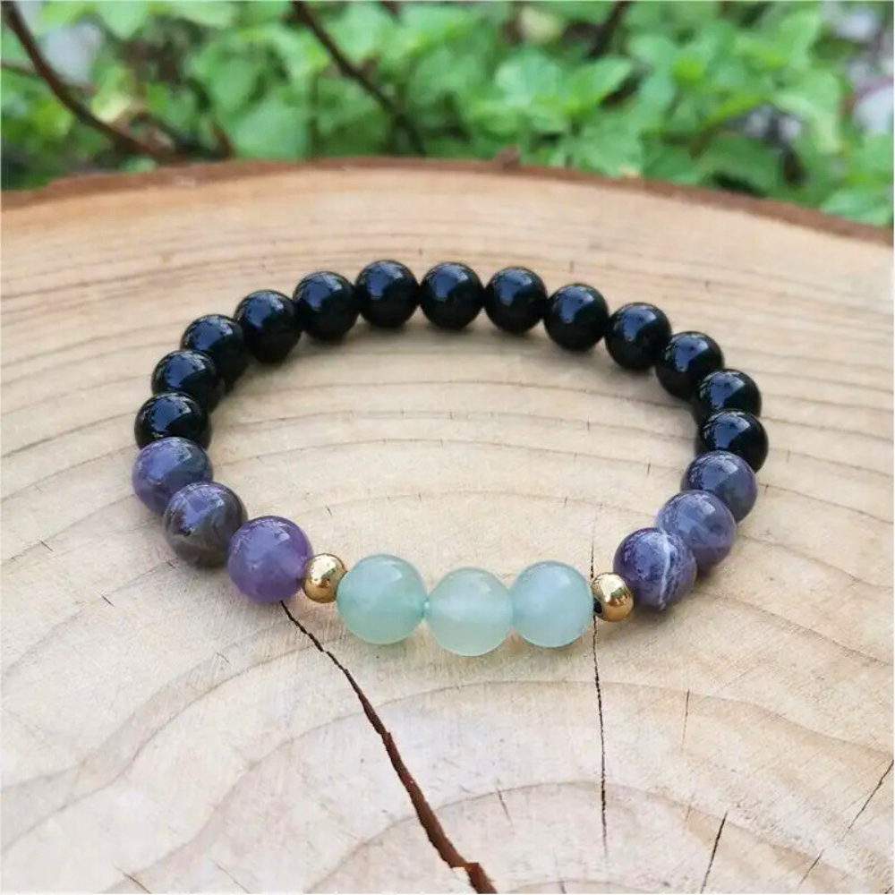 Green Aventurine, Amethyst and Black Onyx Mala Bead Necklace - Abundance & Protection