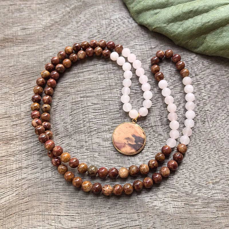 Red Jasper and Matte Rose Quartz Mala Bead Necklace