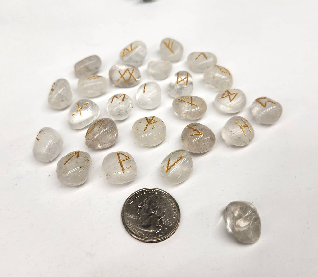 Clear Quartz Gemstone Rune Sets with Velvet Pouch