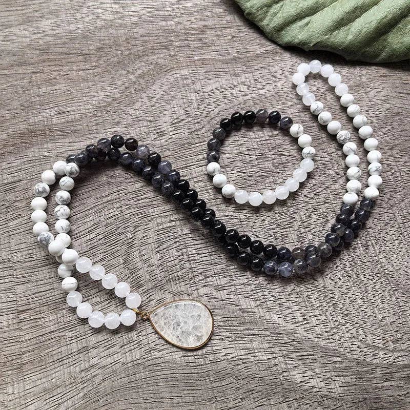 White Howlite, Black Onyx & White Quartz Mala Bead Necklace