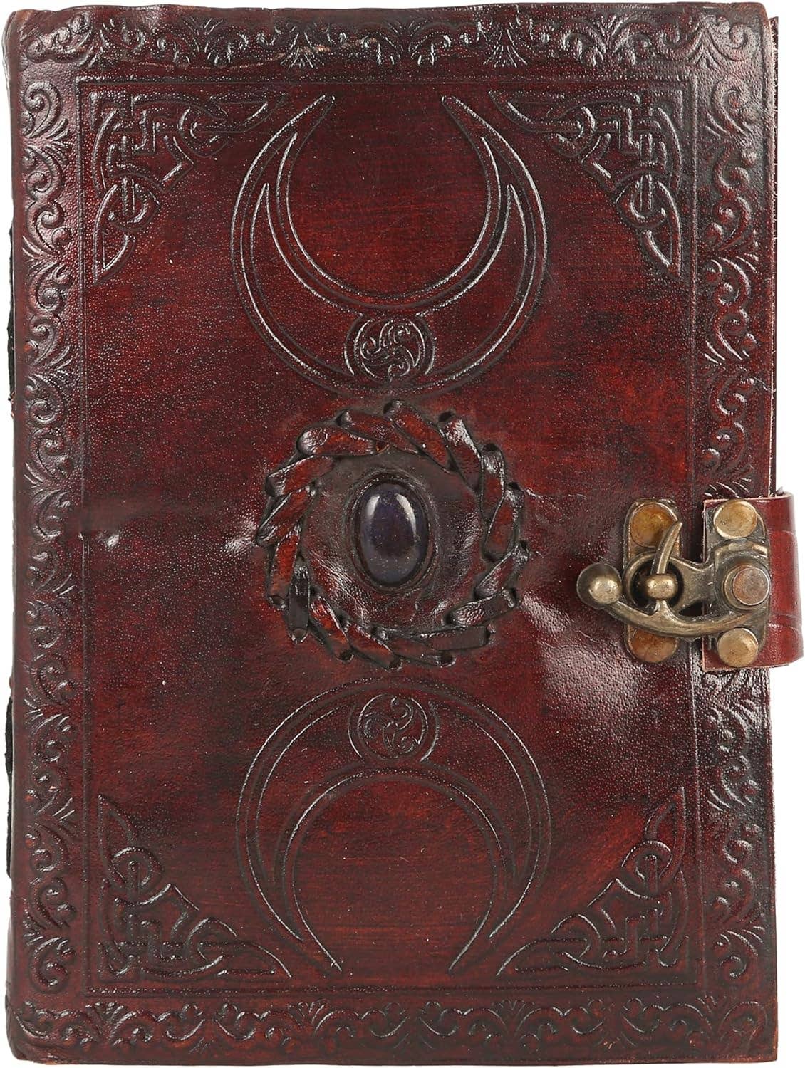 Handmade Personalized Crescent Office Home Daily Use, Hocus Pocus Poem Writing Beautiful Pure Leather Stone Leather Bound Journal Moon with Brown Stone, C-Lock for Men and Women