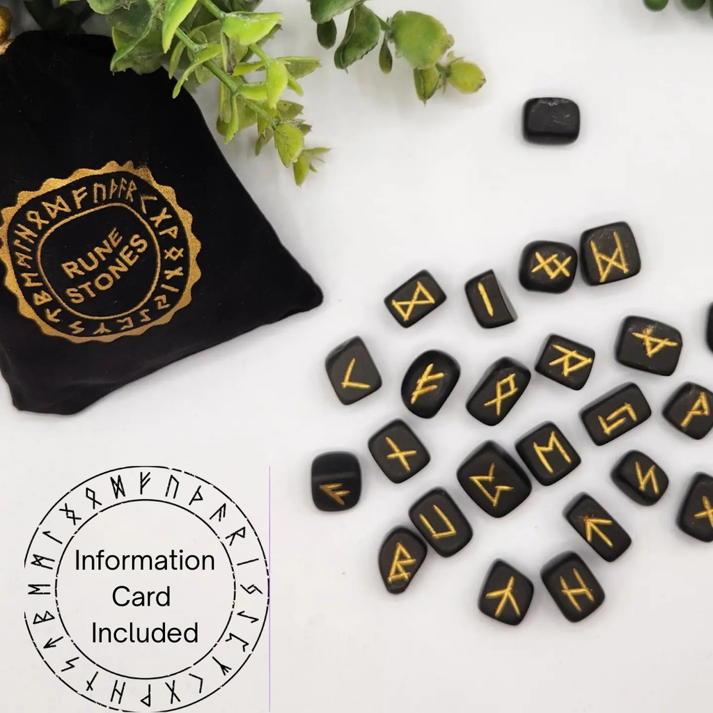 Shungite Semi-Precious Gemstone Rune Sets with Velvet Pouch