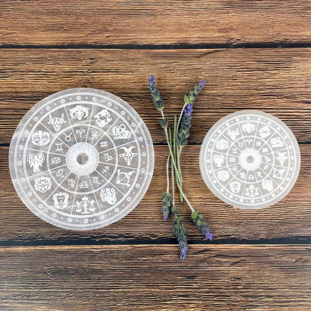 Crystal Selenite Charging Plate with Engraved Zodiac Signs