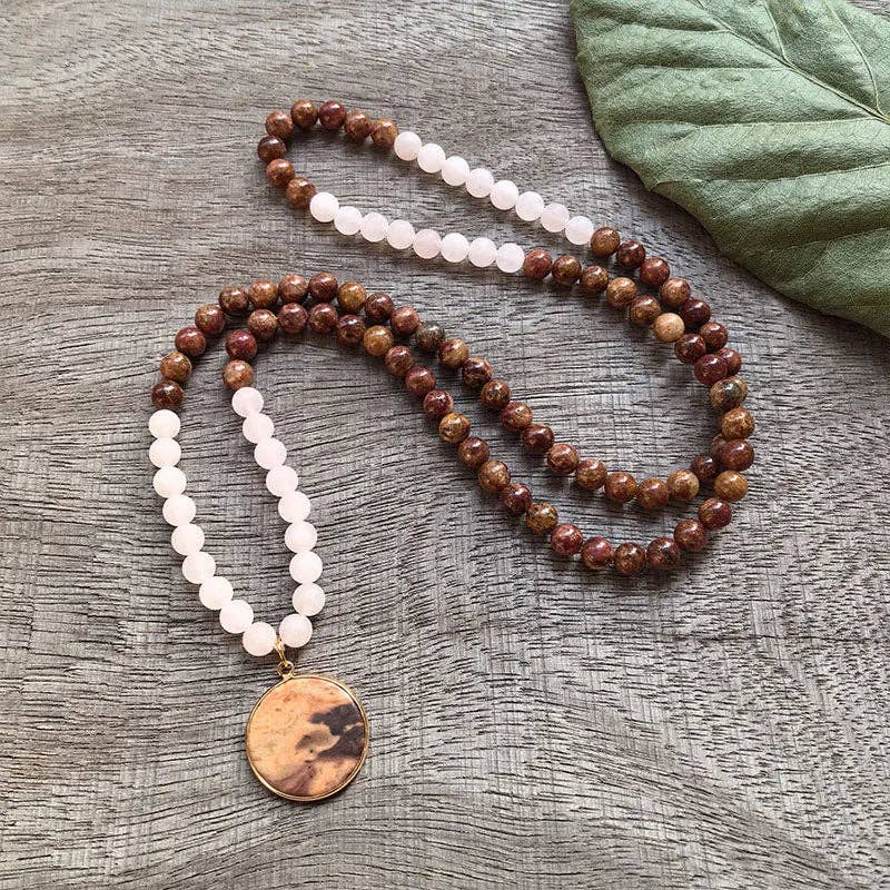 Red Jasper and Matte Rose Quartz Mala Bead Necklace