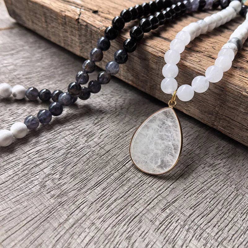 White Howlite, Black Onyx & White Quartz Mala Bead Necklace