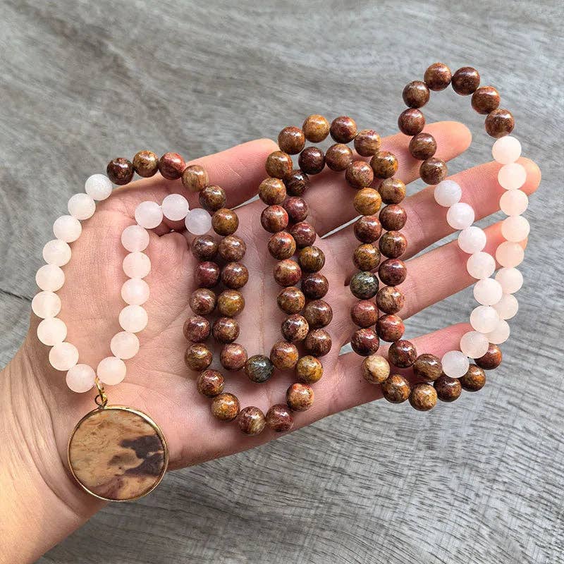 Red Jasper and Matte Rose Quartz Mala Bead Necklace