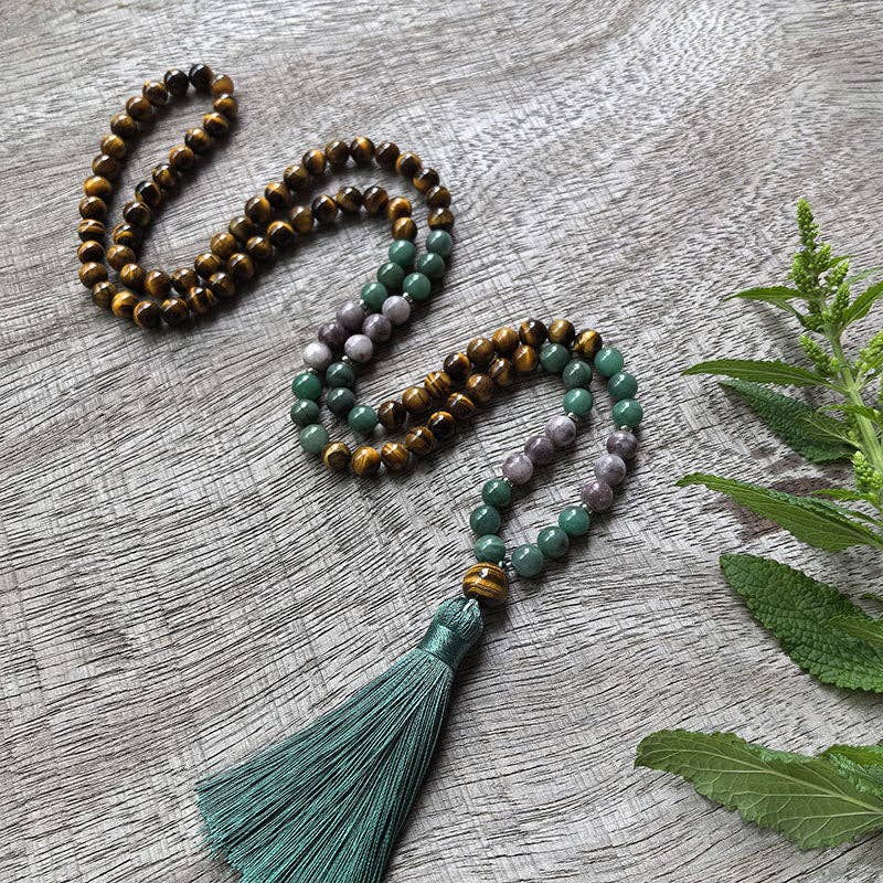 Tiger’s Eye and Green Jade Mala Bead Necklace