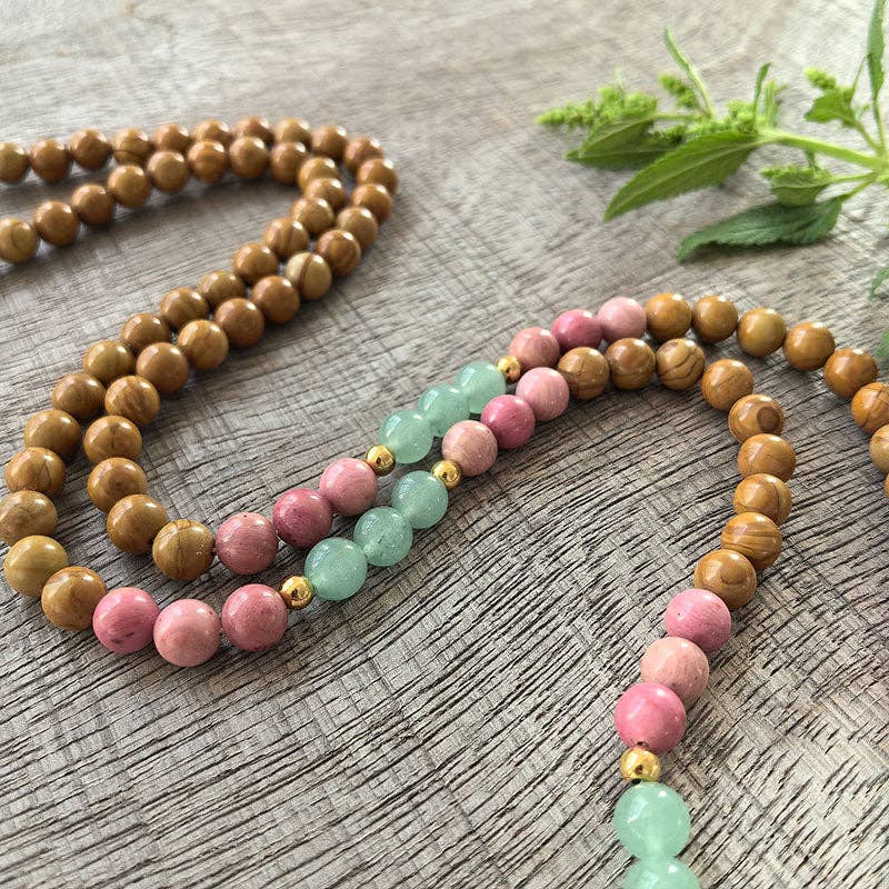 Olive Wood, Rhodonite, Green Aventurine Mala Bead Necklace