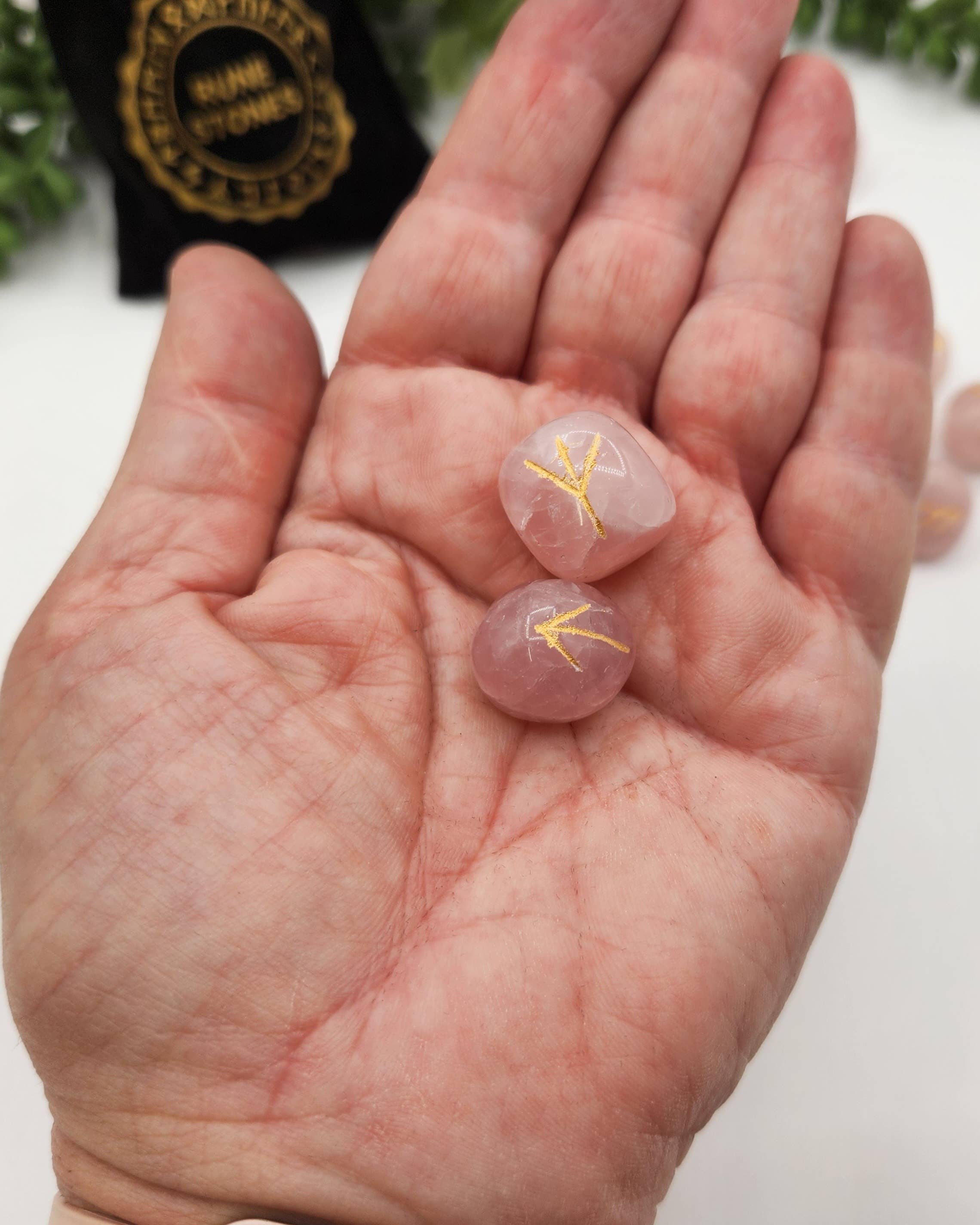 Rose Quartz Semi-Precious Gemstone Rune Sets  & Velvet Pouch