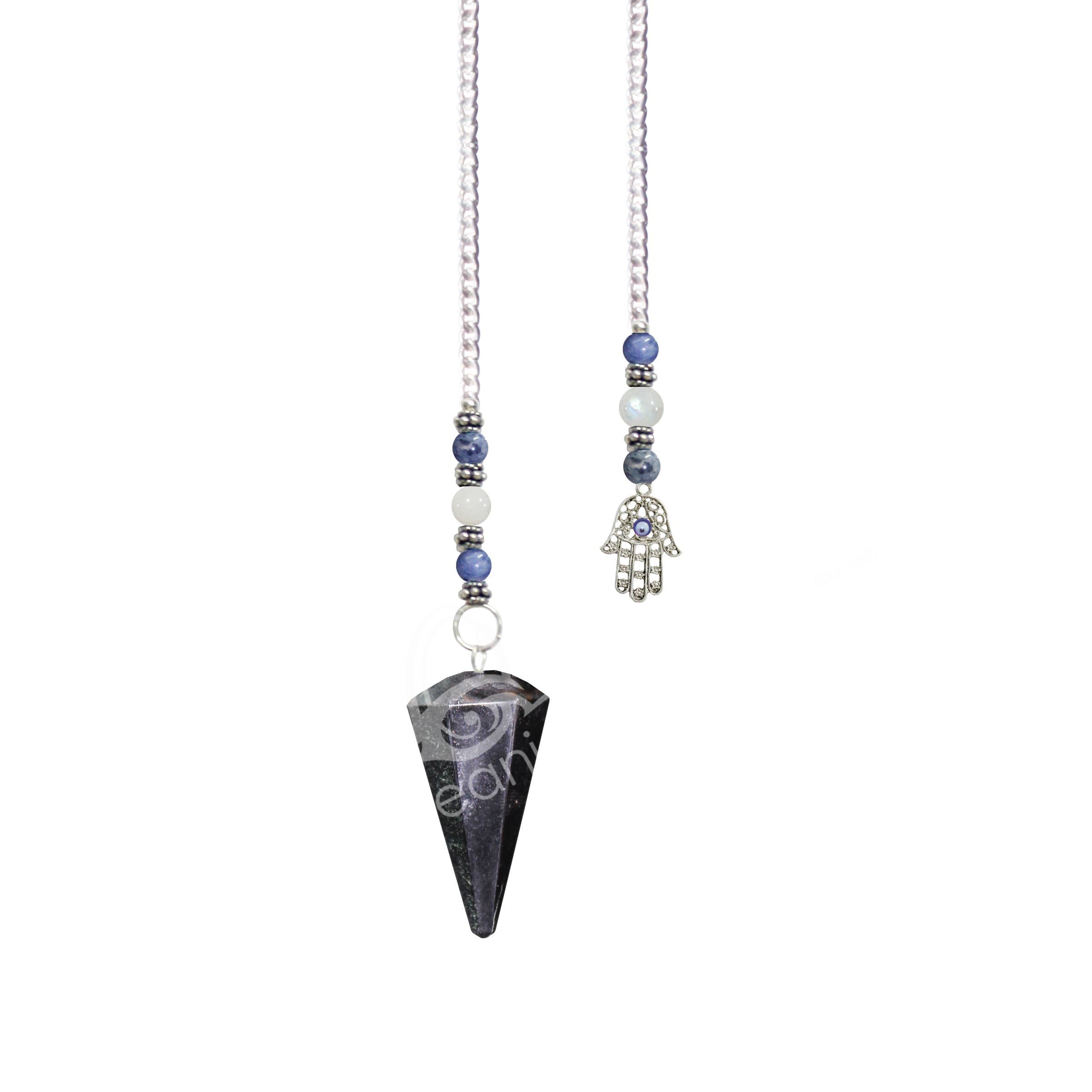 PENDULUM - HEXAGONAL TIGER EYE, BLUE FATIMA HAND BEADED