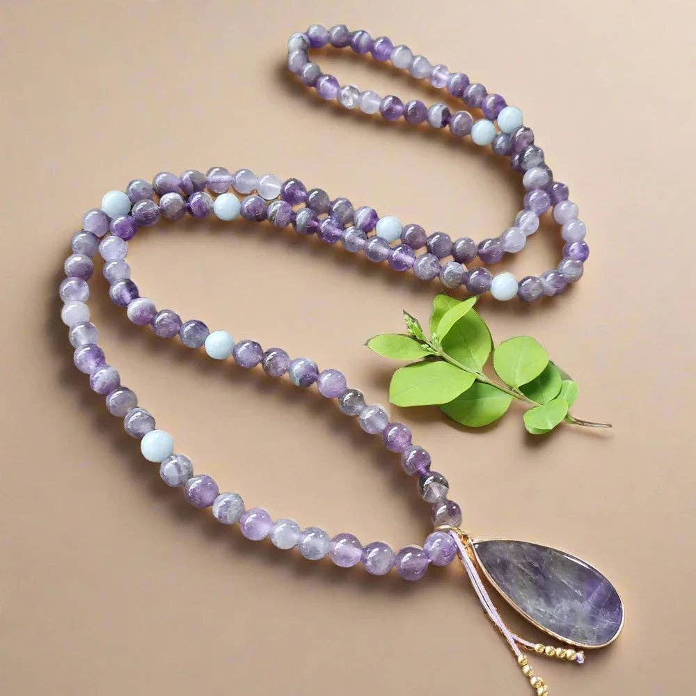 Amethyst Mala Bead Necklace With Pendant – Calmness and Chakra Balance