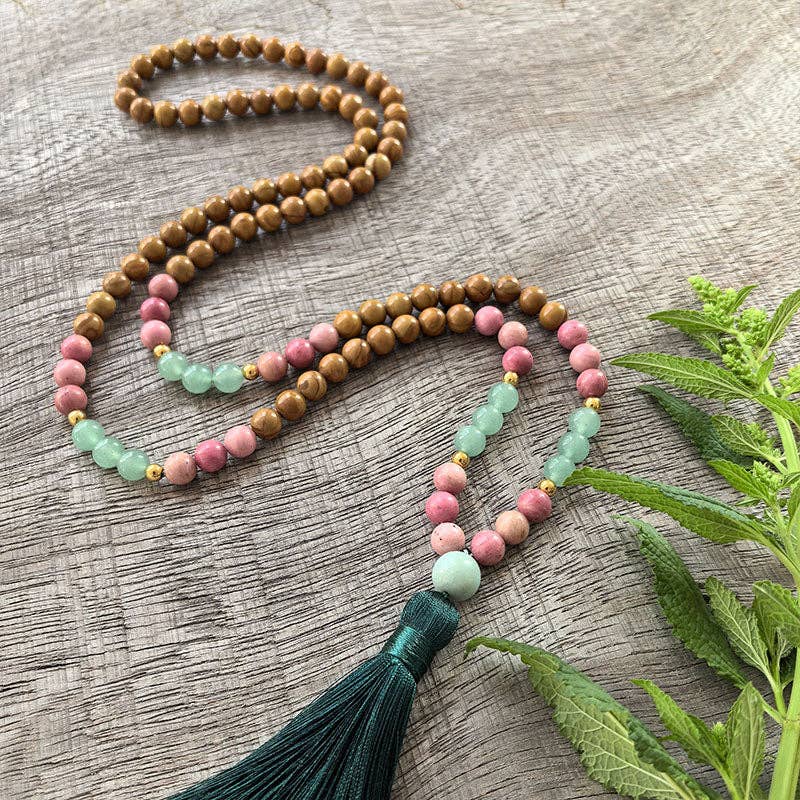 Olive Wood, Rhodonite, Green Aventurine Mala Bead Necklace