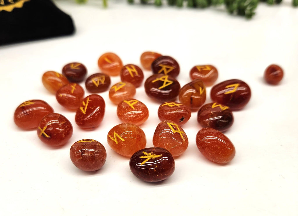 Carnelian Semi-Precious Gemstone Rune Sets with Velvet Pouch