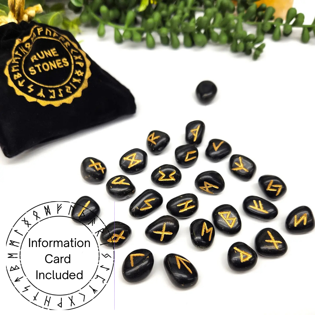 Black Agate Gemstone Rune Sets with Velvet Pouch