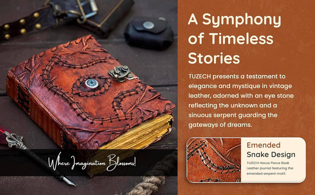 Hocus Pocus Book of Spells Leather Journal Deckle Edge Paper Grimoire Journal Third Eye Vintage Book of Shadows Seven Chakra Antique Spell Book Lock Clasp Notebook Witch