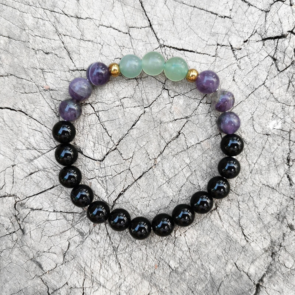 Green Aventurine, Amethyst and Black Onyx Mala Bead Necklace - Abundance & Protection