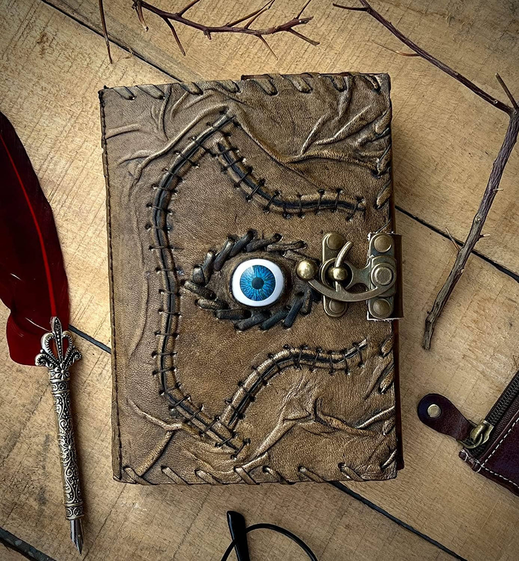 Hocus Pocus Book of Spells Leather Journal Deckle Edge Paper Grimoire Journal Third Eye Vintage Book of Shadows Seven Chakra Antique Spell Book Lock Clasp Notebook Witch