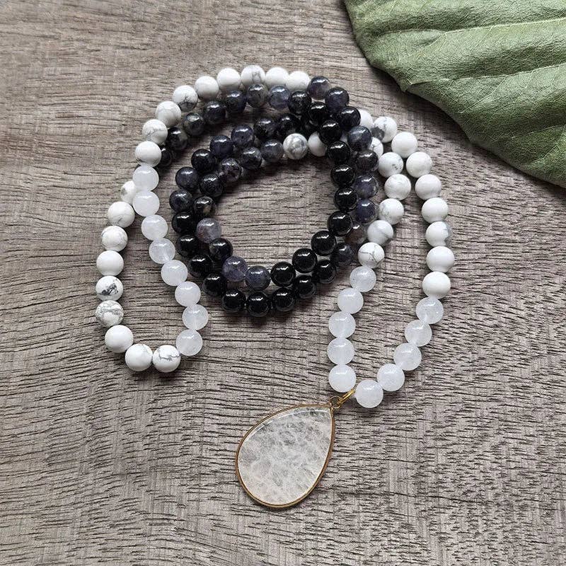 White Howlite, Black Onyx & White Quartz Mala Bead Necklace