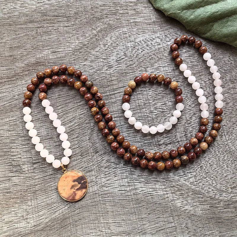 Red Jasper and Matte Rose Quartz Mala Bead Necklace