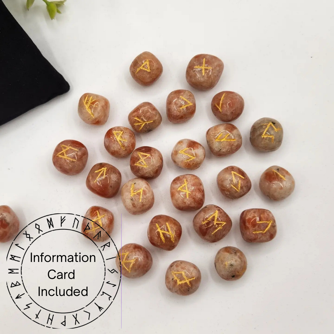 Sunstone Semi-Precious Gemstone Rune Sets + Velvet Pouch