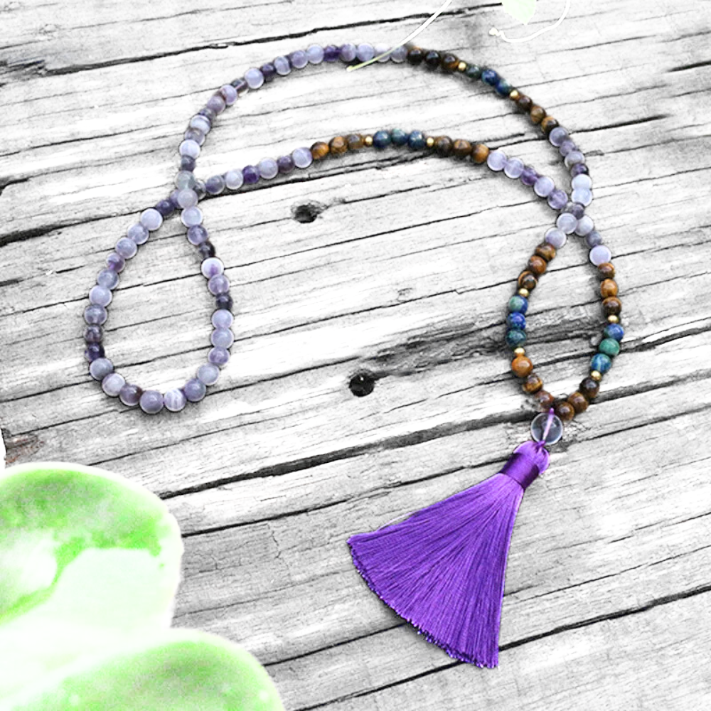 Amethyst, Tiger Eye and Chrysocolla Mala Necklace - Balance & Wisdom