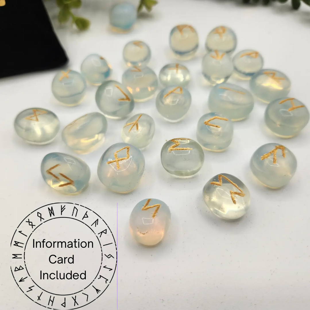 Opalite Semi-Precious Gemstone Rune Sets  & Velvet Pouch