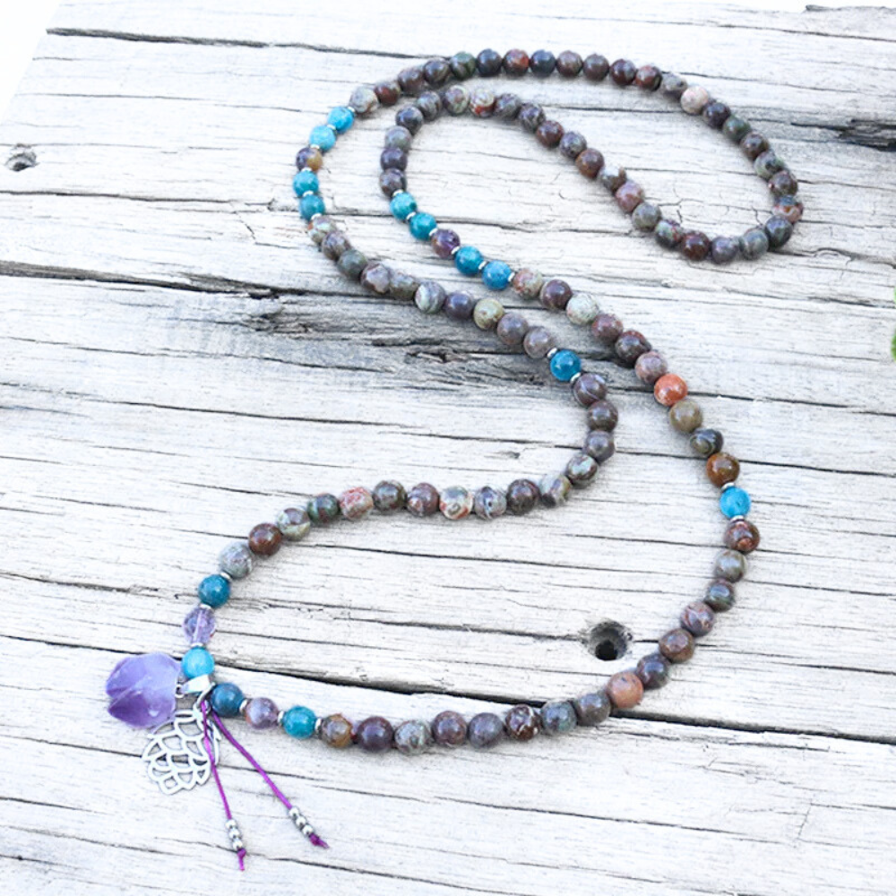 Coffee Onyx Apatite and Amethyst Mala Necklace - Grounding and Positivity