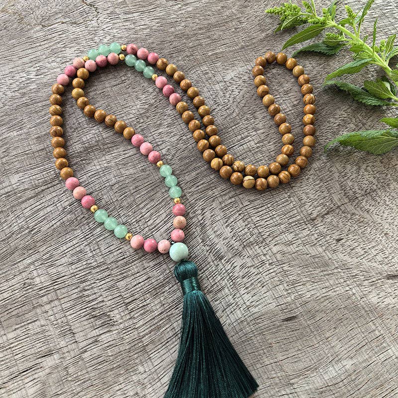Olive Wood, Rhodonite, Green Aventurine Mala Bead Necklace