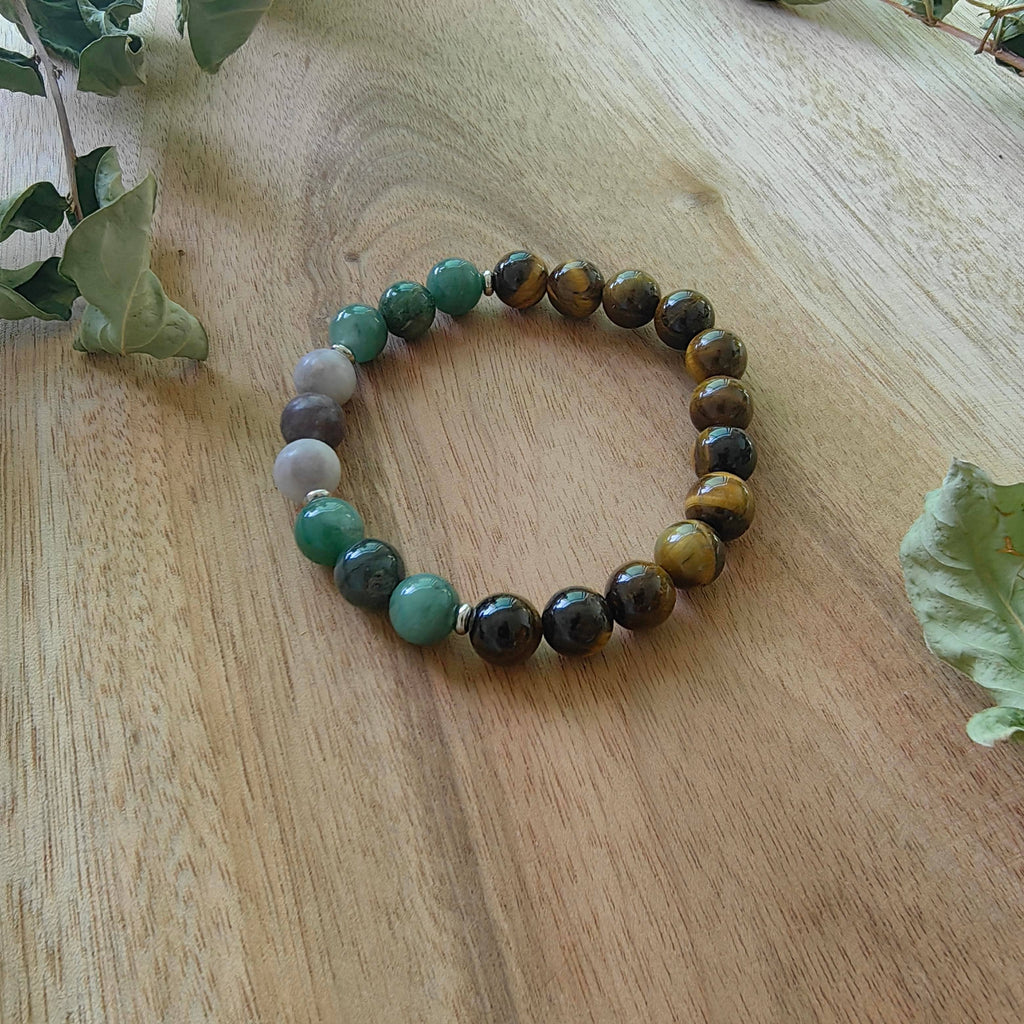 Tiger’s Eye and Green Jade Mala Bead Necklace