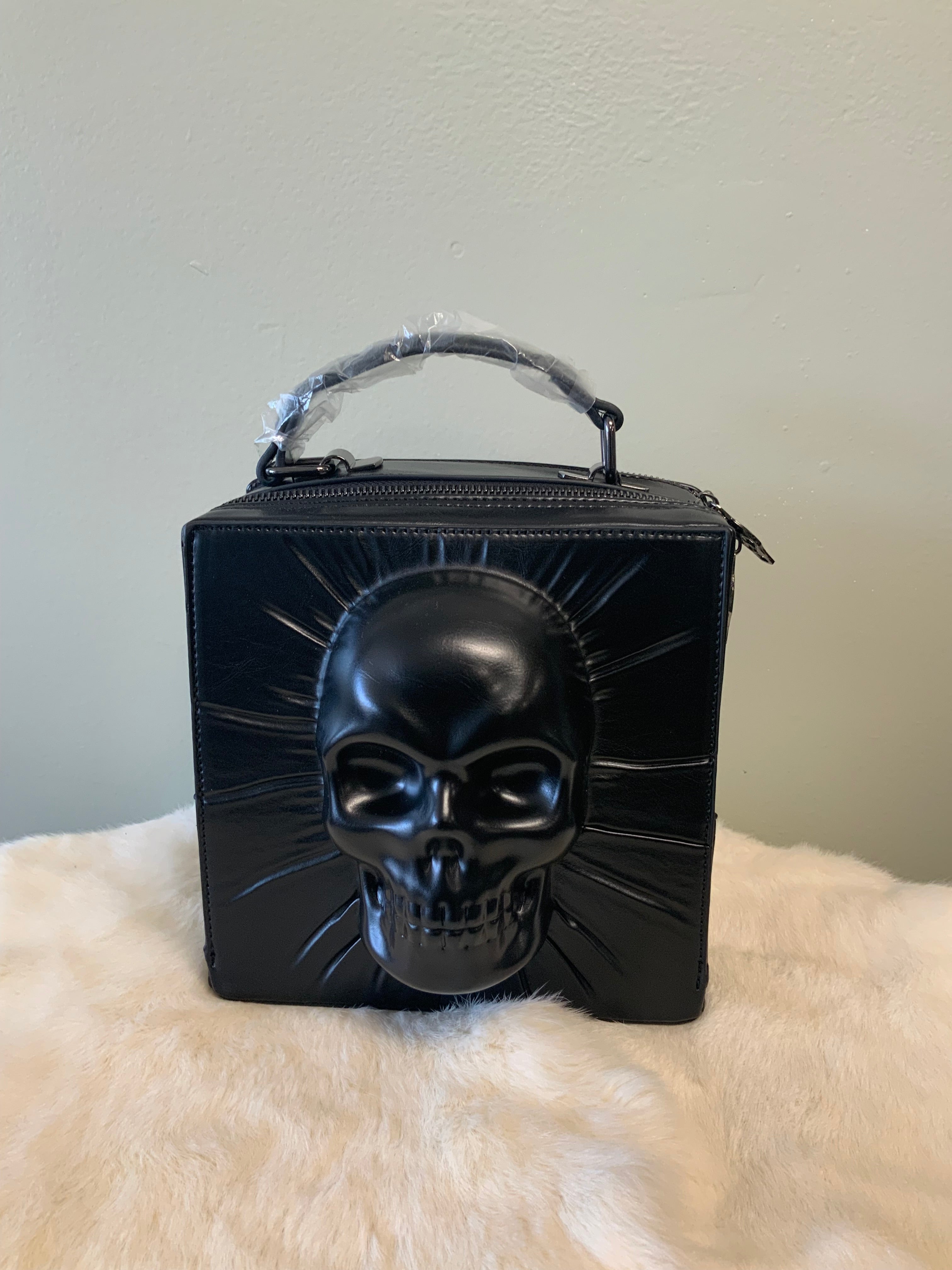 Skull Encased in Square Handheld Bag in Vinyl Material