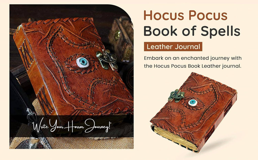 Hocus Pocus Book of Spells Leather Journal Deckle Edge Paper Grimoire Journal Third Eye Vintage Book of Shadows Seven Chakra Antique Spell Book Lock Clasp Notebook Witch