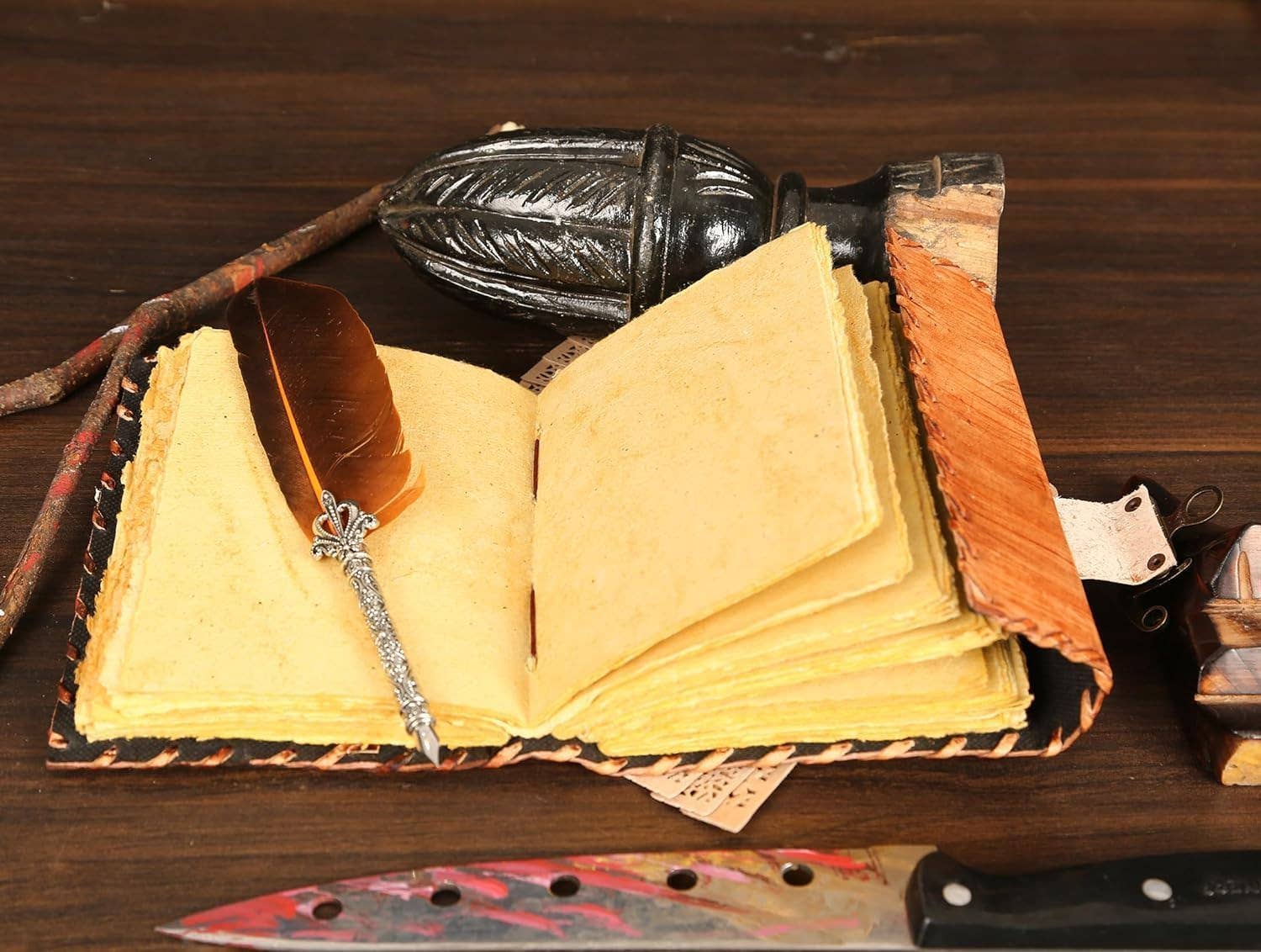Hocus Pocus Book of Spells Leather Journal Deckle Edge Paper Grimoire Journal Third Eye Vintage Book of Shadows Seven Chakra Antique Spell Book Lock Clasp Notebook Witch