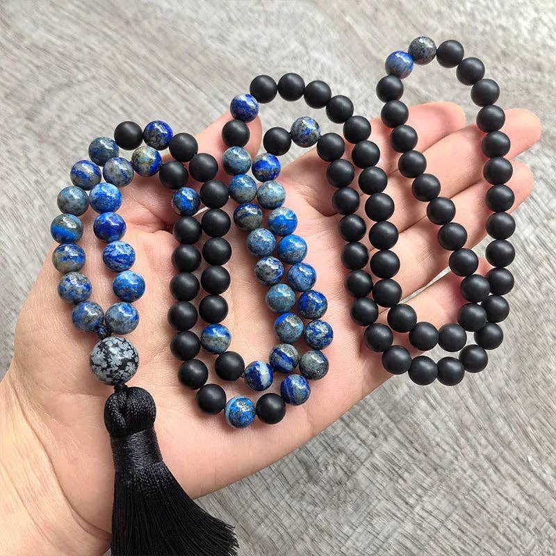 Lapis Lazuli, Black Onyx and Snowflake Obsidian Mala Bead Necklace