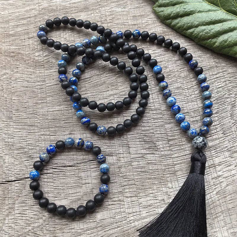 Lapis Lazuli, Black Onyx and Snowflake Obsidian Mala Bead Necklace