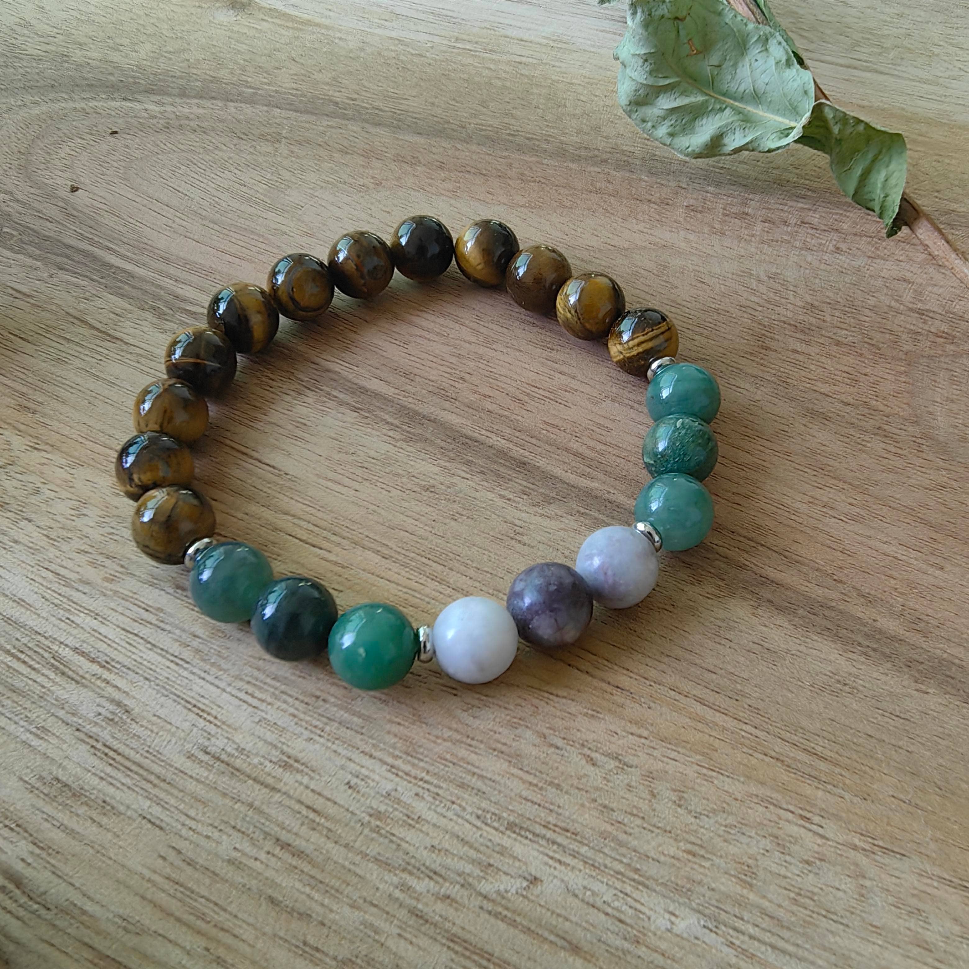 Tiger’s Eye and Green Jade Mala Bead Necklace