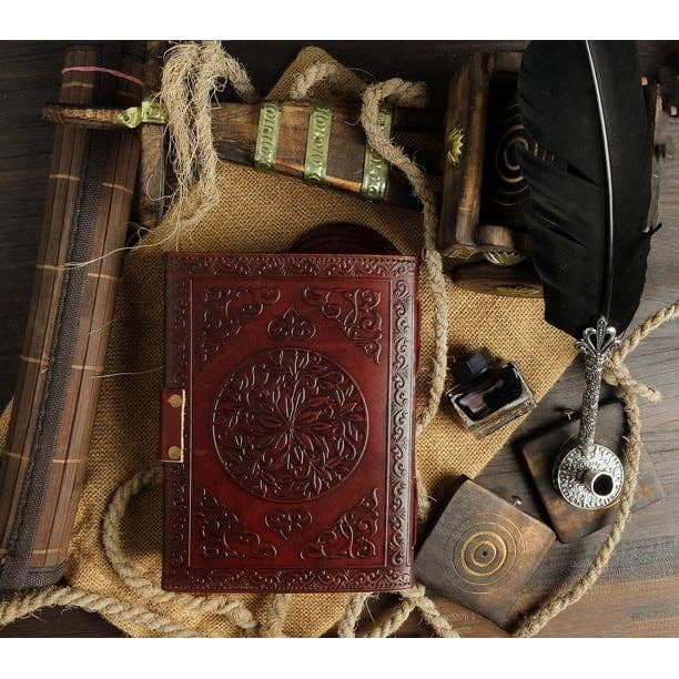 Handmade Personalized Crescent Office Home Daily Use, Hocus Pocus Poem Writing Beautiful Pure Leather Stone Leather Bound Journal Moon with Brown Stone, C-Lock for Men and Women