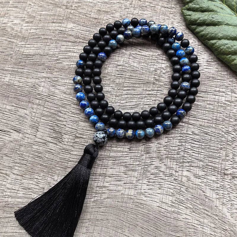 Lapis Lazuli, Black Onyx and Snowflake Obsidian Mala Bead Necklace