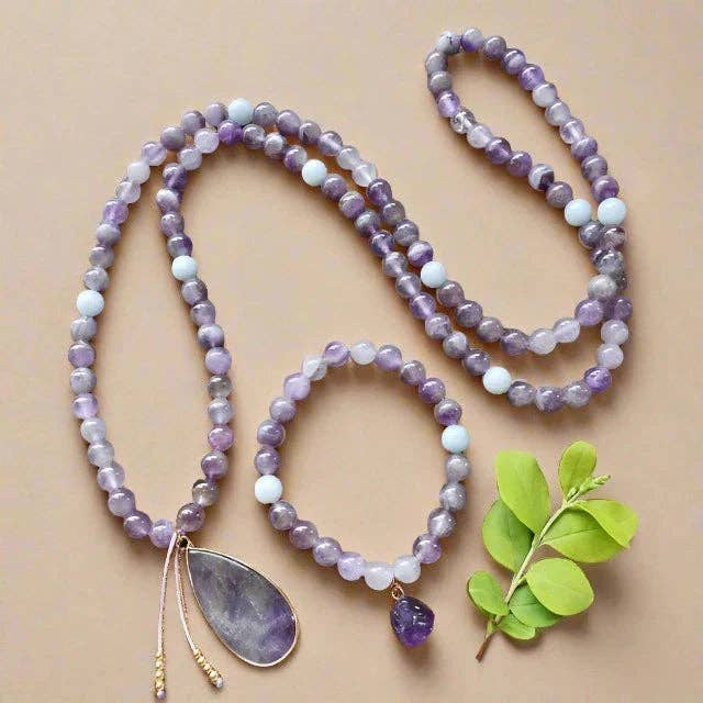 Amethyst Mala Bead Necklace With Pendant – Calmness and Chakra Balance