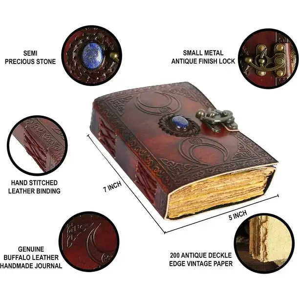 Handmade Personalized Crescent Office Home Daily Use, Hocus Pocus Poem Writing Beautiful Pure Leather Stone Leather Bound Journal Moon with Brown Stone, C-Lock for Men and Women