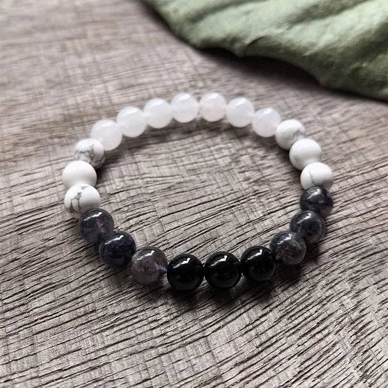 White Howlite, Black Onyx & White Quartz Mala Bead Necklace
