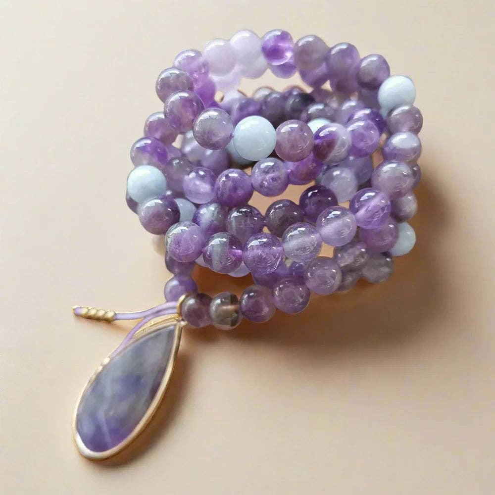 Amethyst Mala Bead Necklace With Pendant – Calmness and Chakra Balance