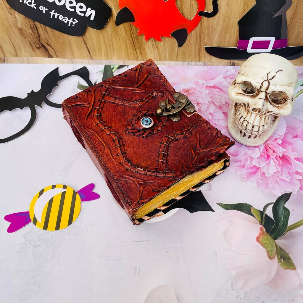 Hocus Pocus Book of Spells Leather Journal Deckle Edge Paper Grimoire Journal Third Eye Vintage Book of Shadows Seven Chakra Antique Spell Book Lock Clasp Notebook Witch
