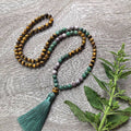 Tiger’s Eye and Green Jade Mala Bead Necklace