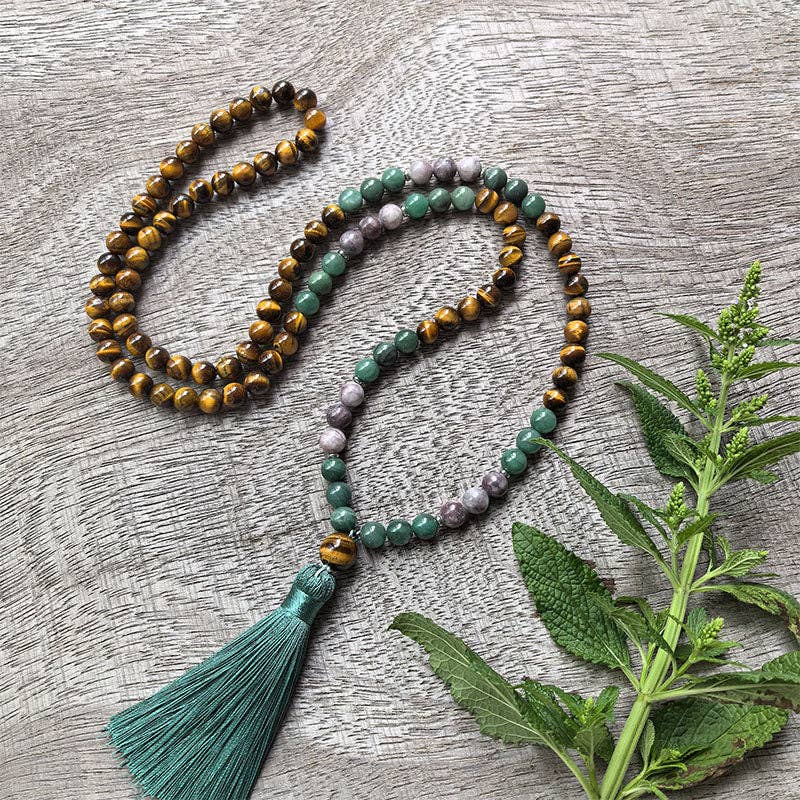 Tiger’s Eye and Green Jade Mala Bead Necklace